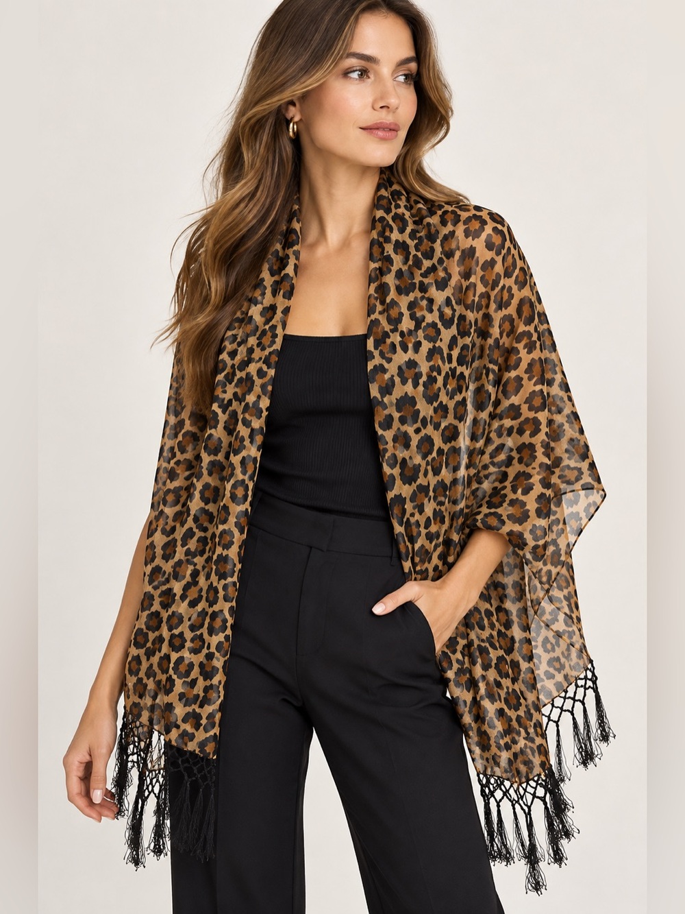 Laura Ashley Leopard Print Sheer Scarf Shawl Wrap Fringe 18 x 75